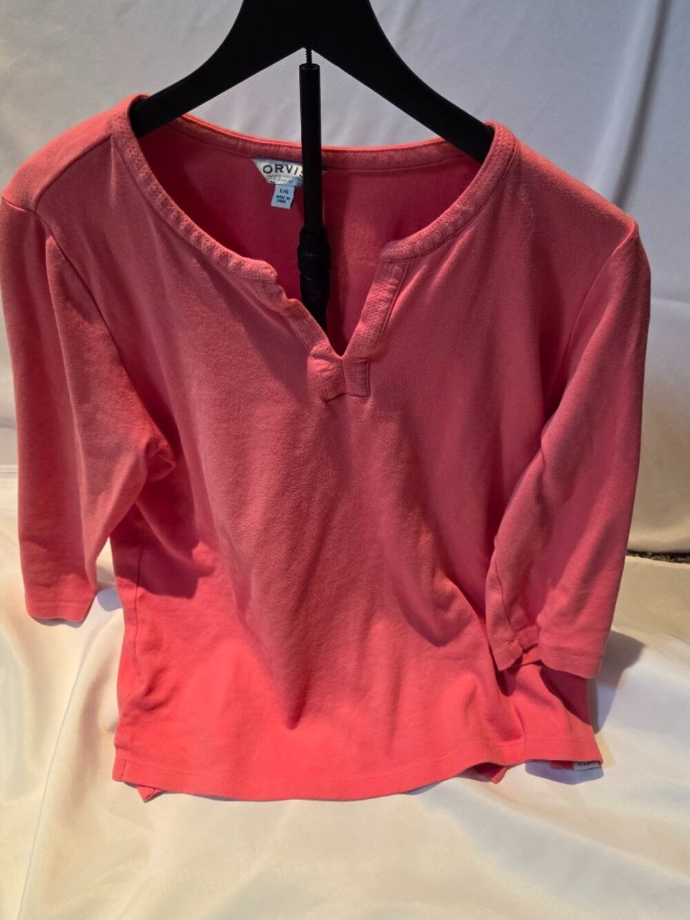 Orvis Coral Pink Split Neck 3/4 Sleeve Top, Size L